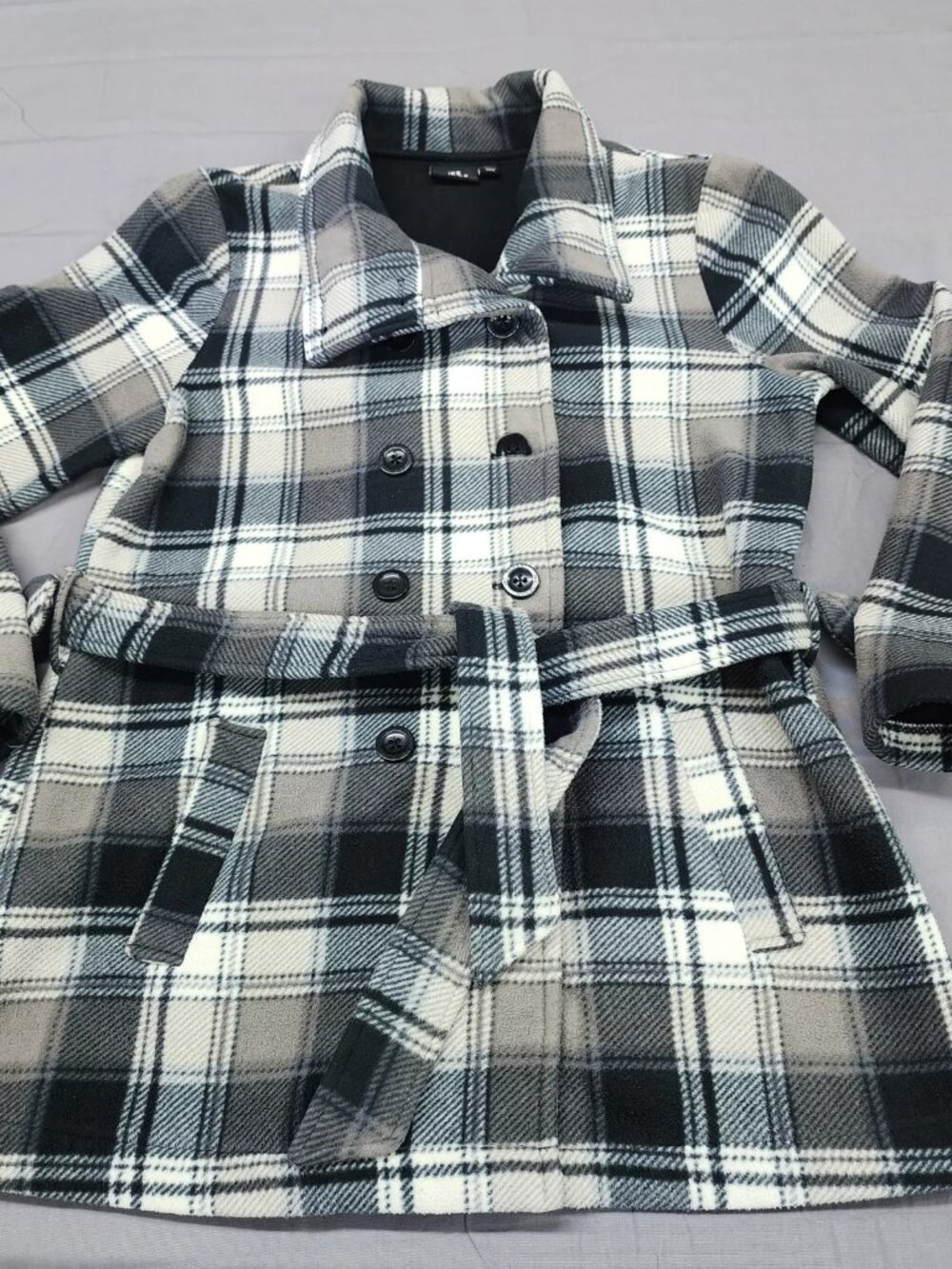 Ike Behar Womens XL Plaid Fleece Belted Jacket Coat Double Breasted Black Grey